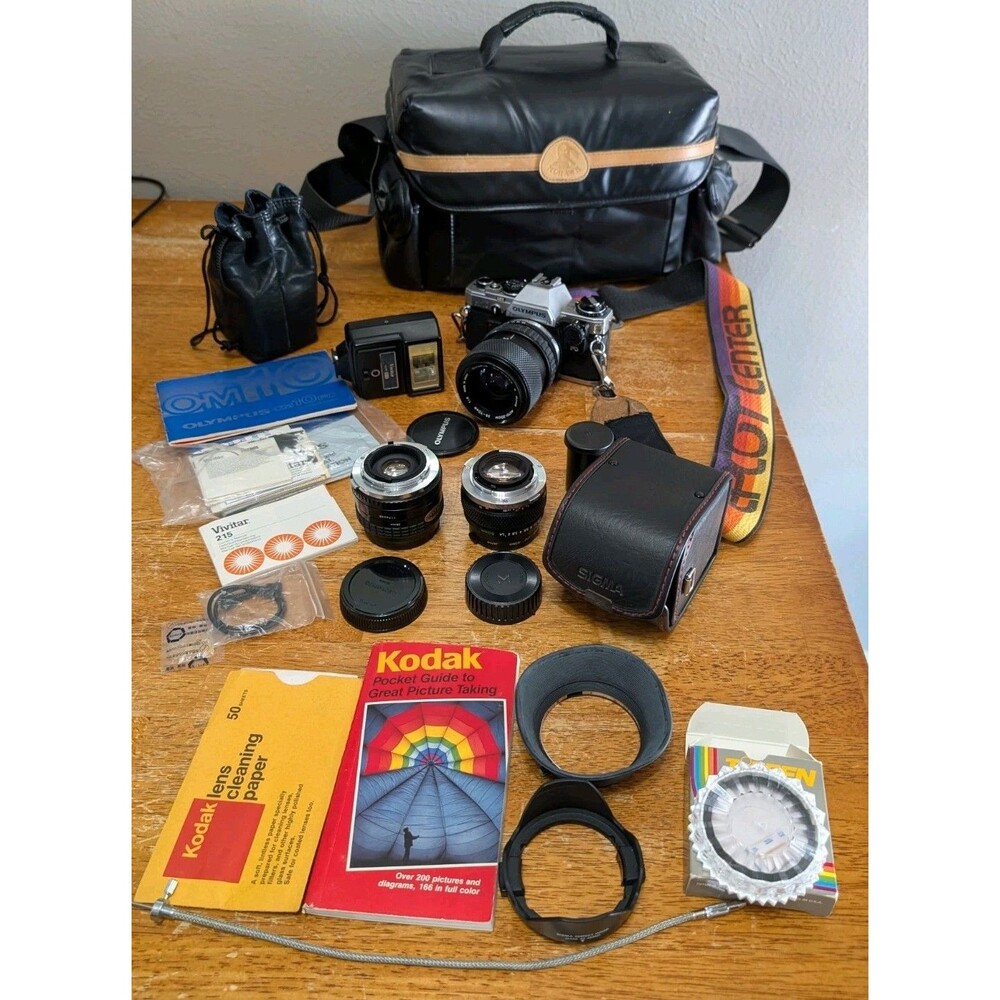 Vintage Olympus OM-10 Film Camera & 3-Lens Kit Bundle with Disney EPCOT Strap